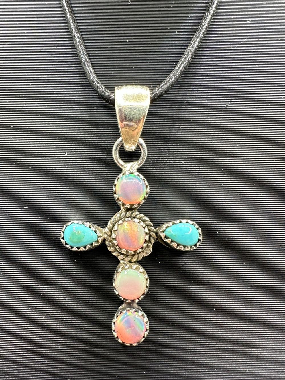 Aurora Opal & Turquoise Sterling Silver 925 Cross Necklace Pendant Handmade